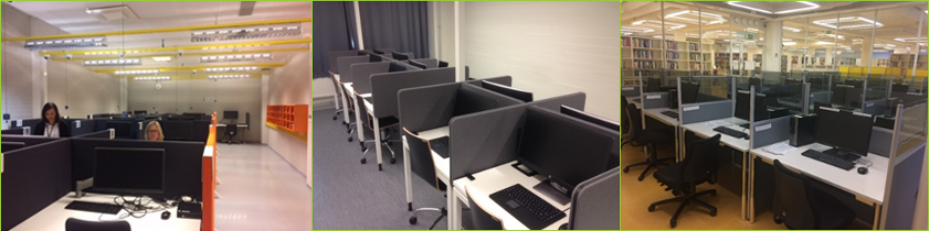 Kolme kuvaa korkeakoulujen EXAM-tenttitiloista, joissa useita tietokoneita on erotettu sermeillä toisistaan.